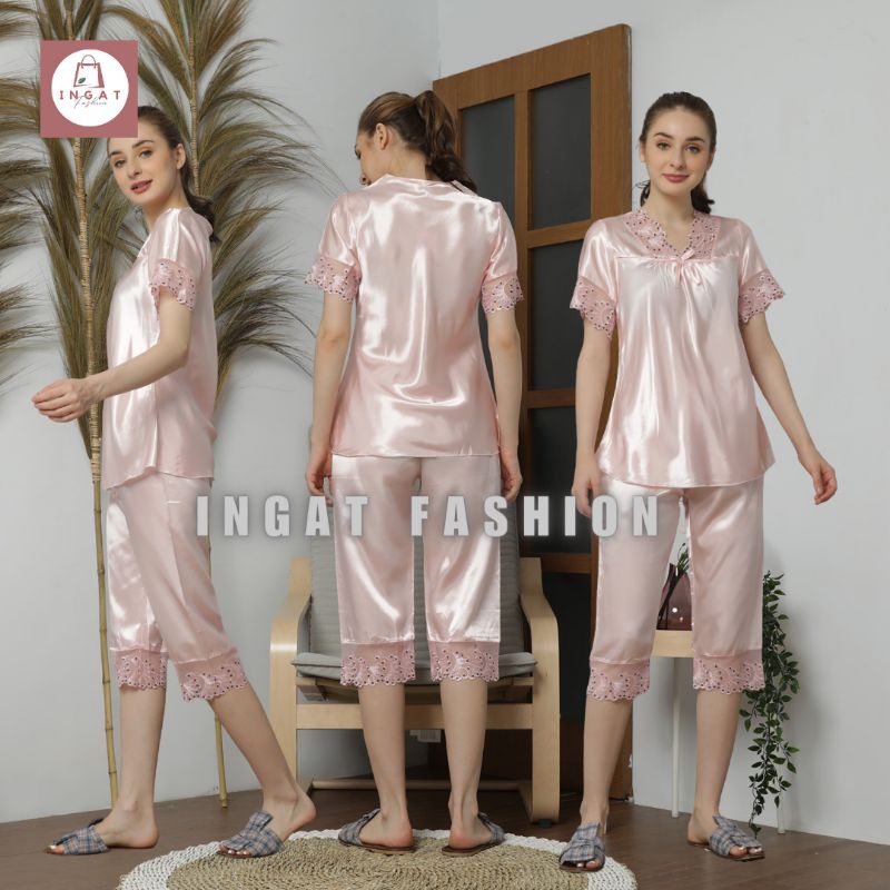 PIYAMA 3/4 BAJU TIDUR SETELAN DEWASA BAHAN SATIN MODEL BROKAT - YJ 16