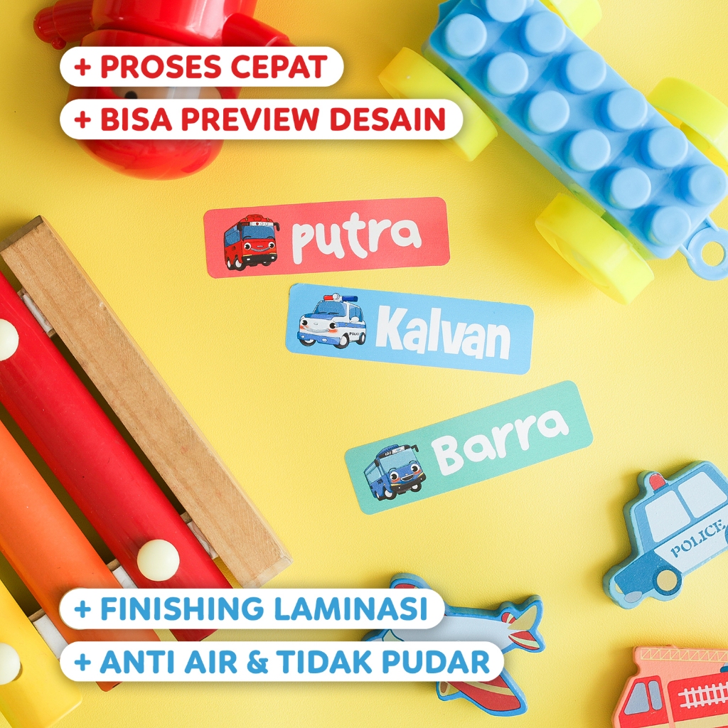 

Stiker Nama Anak Gambar Tayo, Bahan Vinyl Laminasi Ukuran 2x7cm