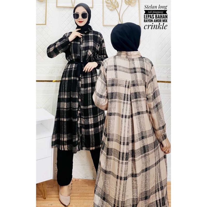 ONE SET TUNIK KOTAK LD 110cm//SETELAN TUNIK KOTAK RAYON MIX CRINKLE//TUNIK MUSLIMAH KEKINIAN