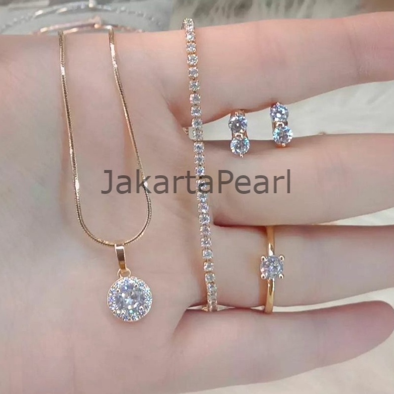 Terbaru 1212 Satu Set Perhiasan Titanium MEWAH  ELEGAN Kalung Anting Cincin Gelang Wanita Anti Karat