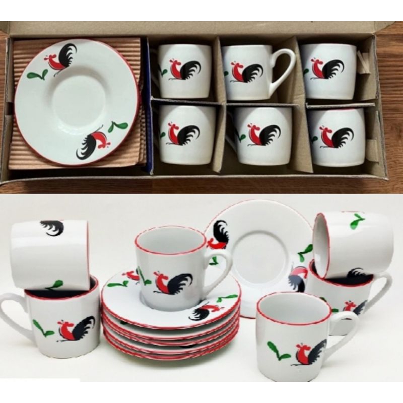6 cangkir +6 pisin   keramik Motif Ayam