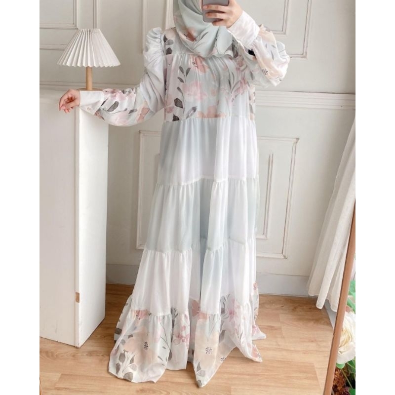 Gamis Ceruty set Jilbab motif Bunga | Lebaran Outfit OOTD Raya