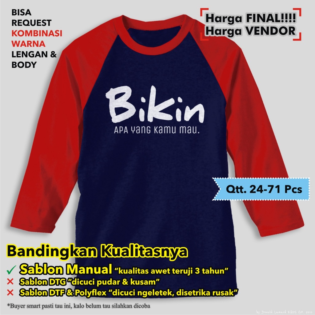 Custom Sablon Kaos Raglan Lengan 3/4 - Sablon Manual Rubber HQDL PLAST Lebih dari Plastisol biasa