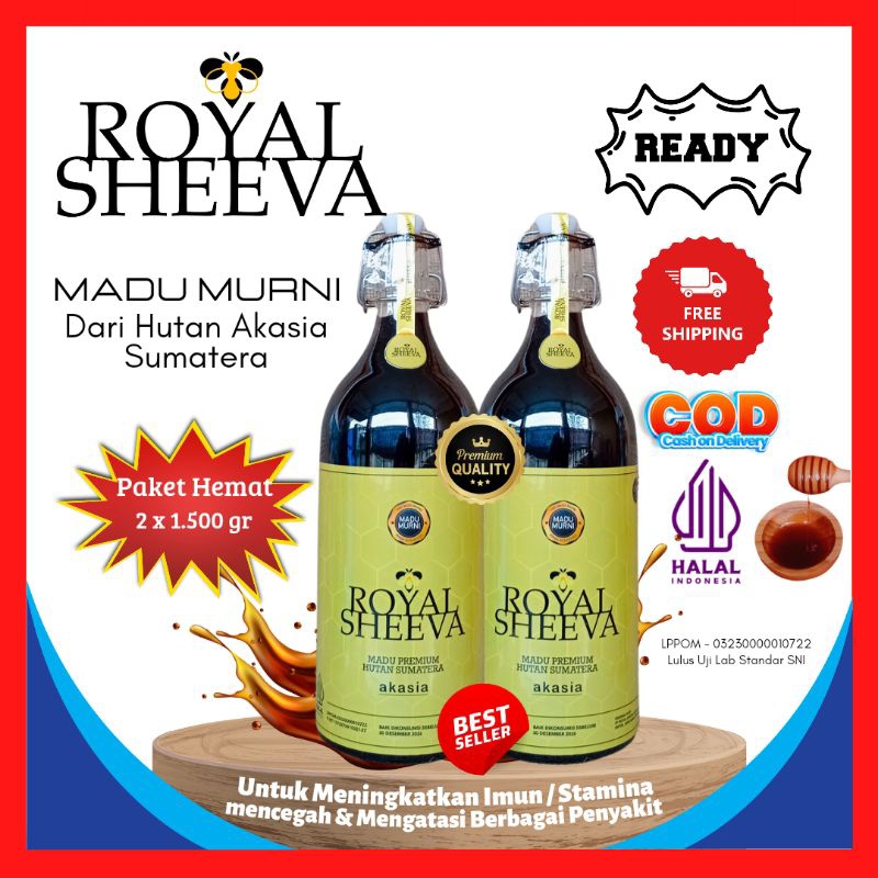 

paket hemat madu murni royal sheeva 3.000 gr madu premium hutan akasia sumatera halal mui lulus uji lab 2 botol 1.500 gr