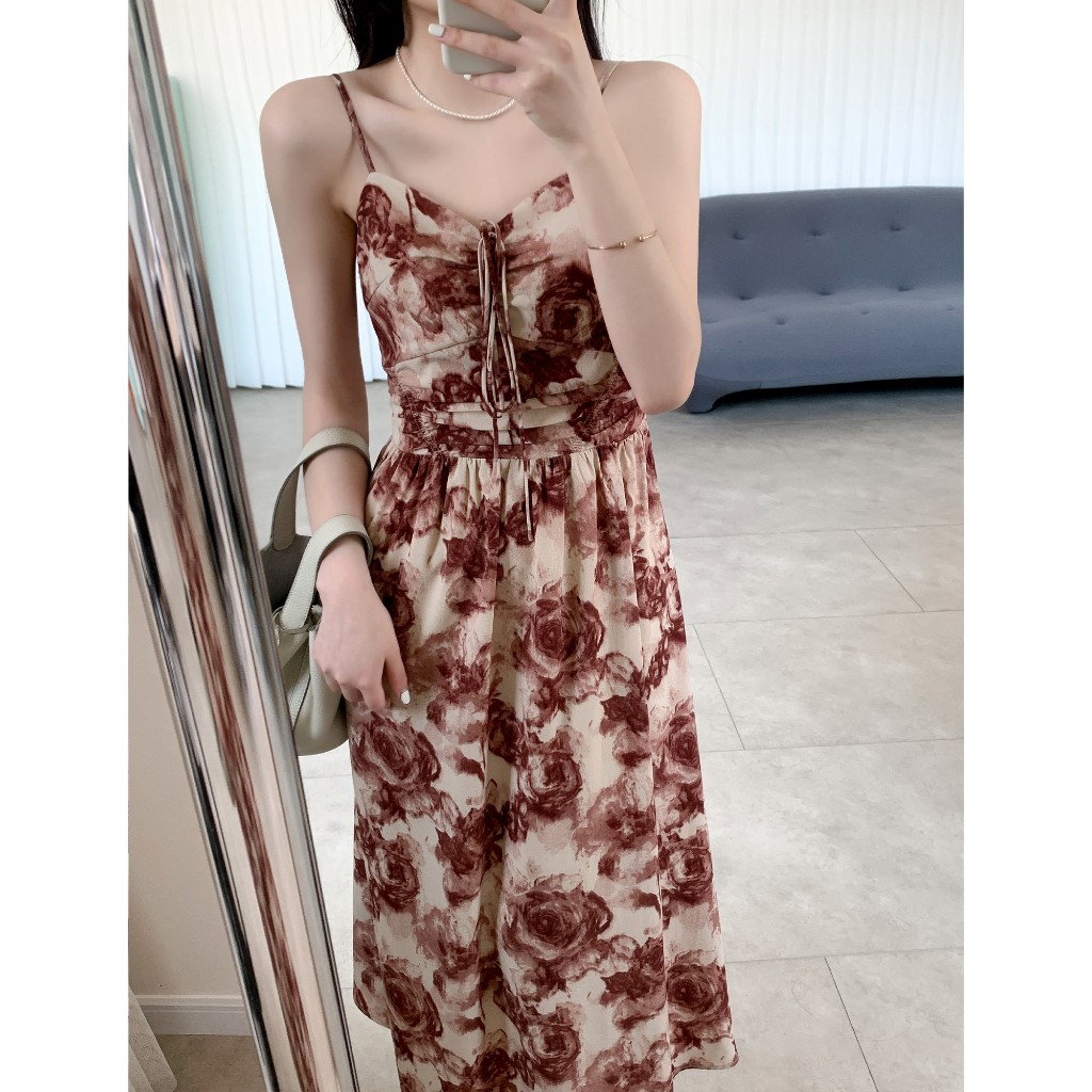 7848 dark red dress korean style vintage long tanpa lengan jumbo dress panjang wanita kekinian 2024 