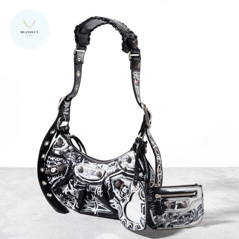 BALENCIAGA Le cagole XS graffiti shoulder bag  Black White