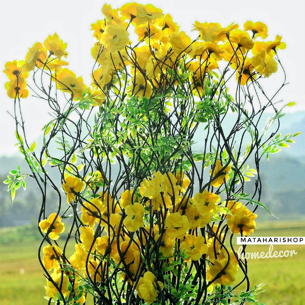 Hiasan Rumah Vintage 20 Btg Bambu Ulir Hitam Anyelir Kuning 170cm (Tanpa Pot)