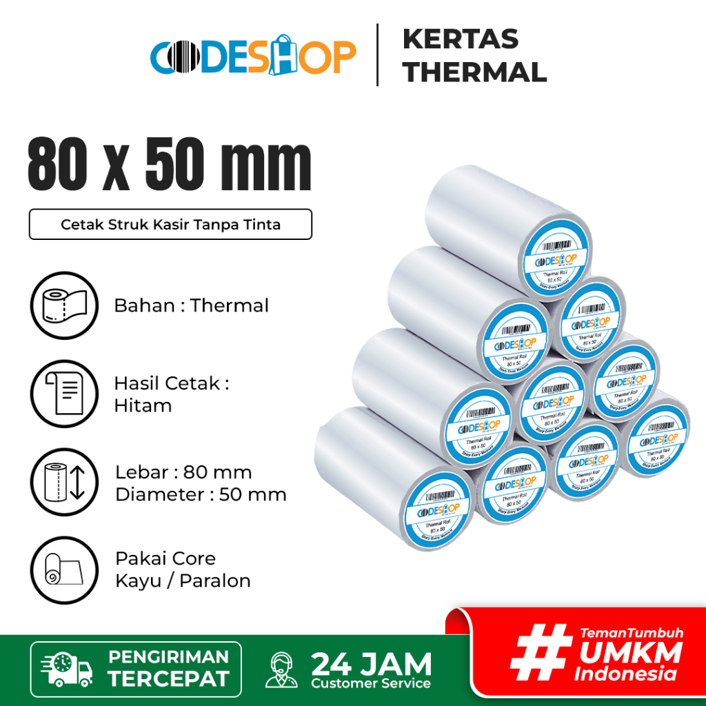 

(1 Slop) Kertas Thermal Codeshop 80 x 50 mm Struk Kasir Printer 80mm