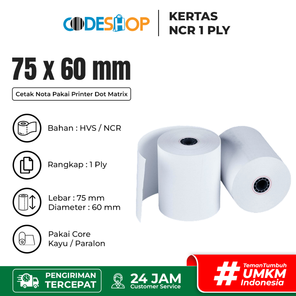 

Kertas Struk Kasir NCR 1 Ply 75 x 60 mm 75x60 Paper Roll Dot Matrix Printer