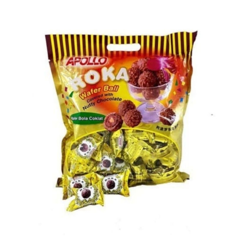 

Apollo Roka Coklat isi 50 Pcs 300 gr Wafer Coklat Premium Bulat Balut Kacang Import