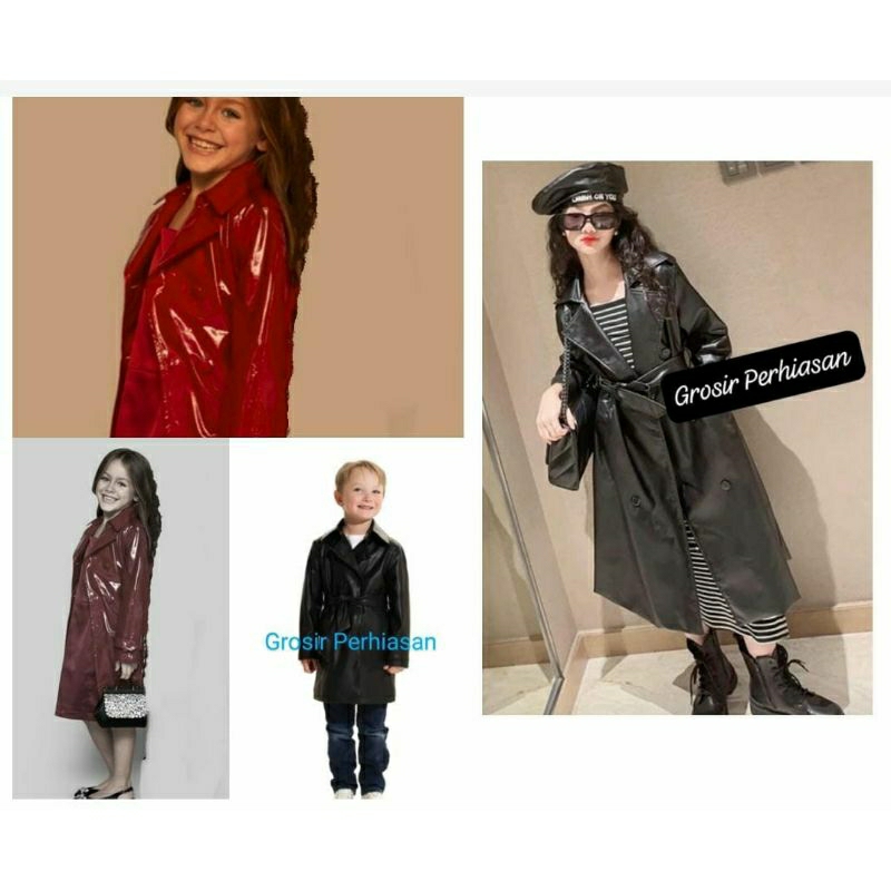 ⭐⭐⭐⭐⭐ PREMIUM Jaket kulit anak long coat anak kulit sintetis / jaket jubah anak wanita laki-laki sem