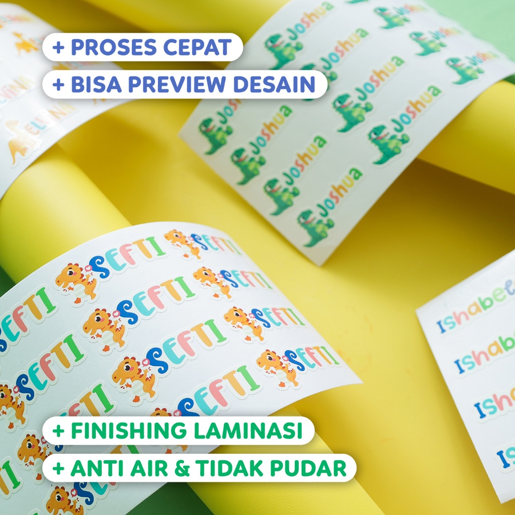 

Stiker Nama Anak Gambar Dinosaurus, Bahan Vinyl Laminasi Ukuran 2x5cm