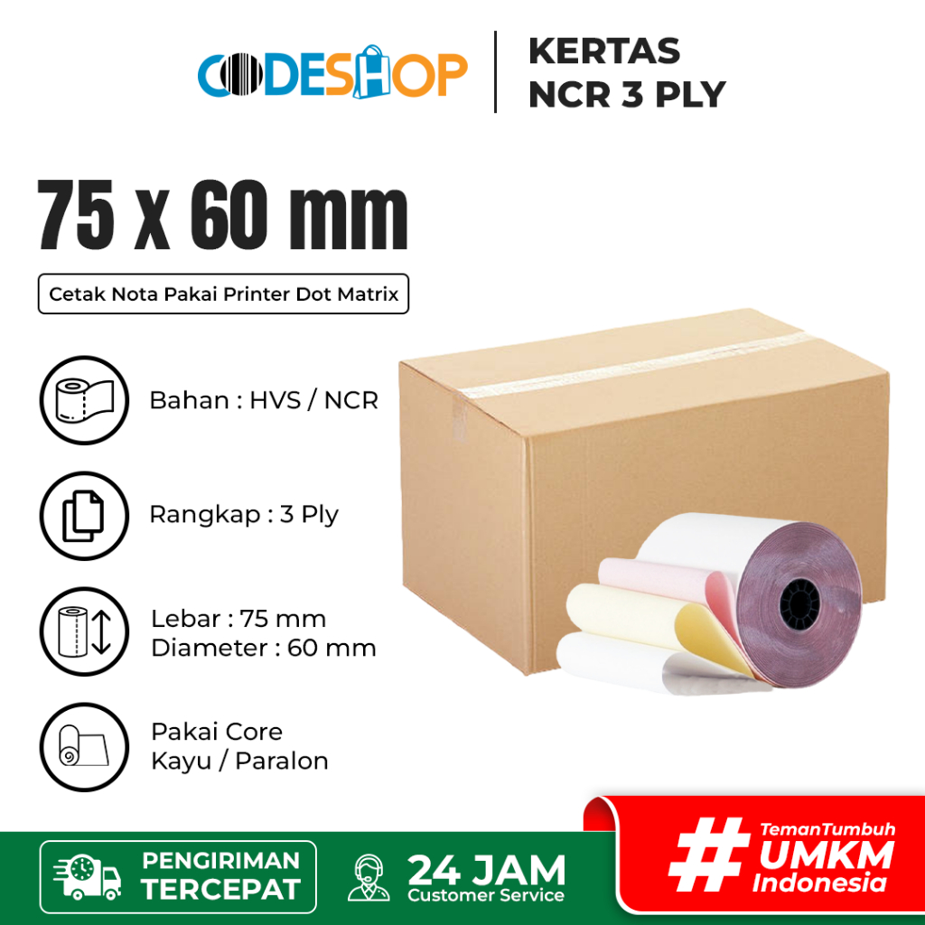 

Codeshop Kertas Struk 3 Ply 75x60 Printer Kasir Dot Matrix 100 Roll