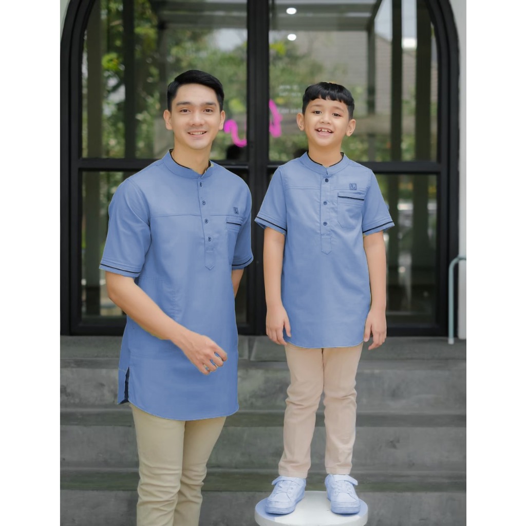 Baju Koko Qurta Couple Pria Ayah dan Anak Warna Biru Denim renafashion07