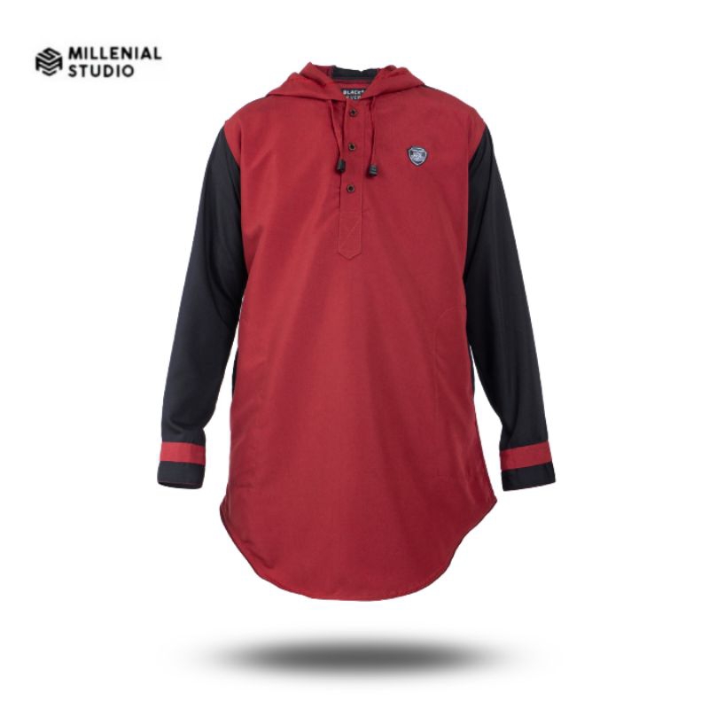 KURTA HOODIE KATUN OXFORD LENGAN PANJANG MAROON | KOKO PAKISTAN BAJU MUSLIM PRIA GAMIS KURTA PRIA DE