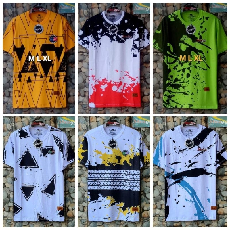 Kaos Pria ONF Full Print Abstrak Washing Washed Polka Two Tone Galaxy Stripe Garis Hitam Biru Putih