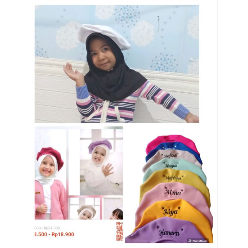 topi baret anak perempuan/topi model korea/topi masakini/topi hizab fre bordir nama sendiri di chat