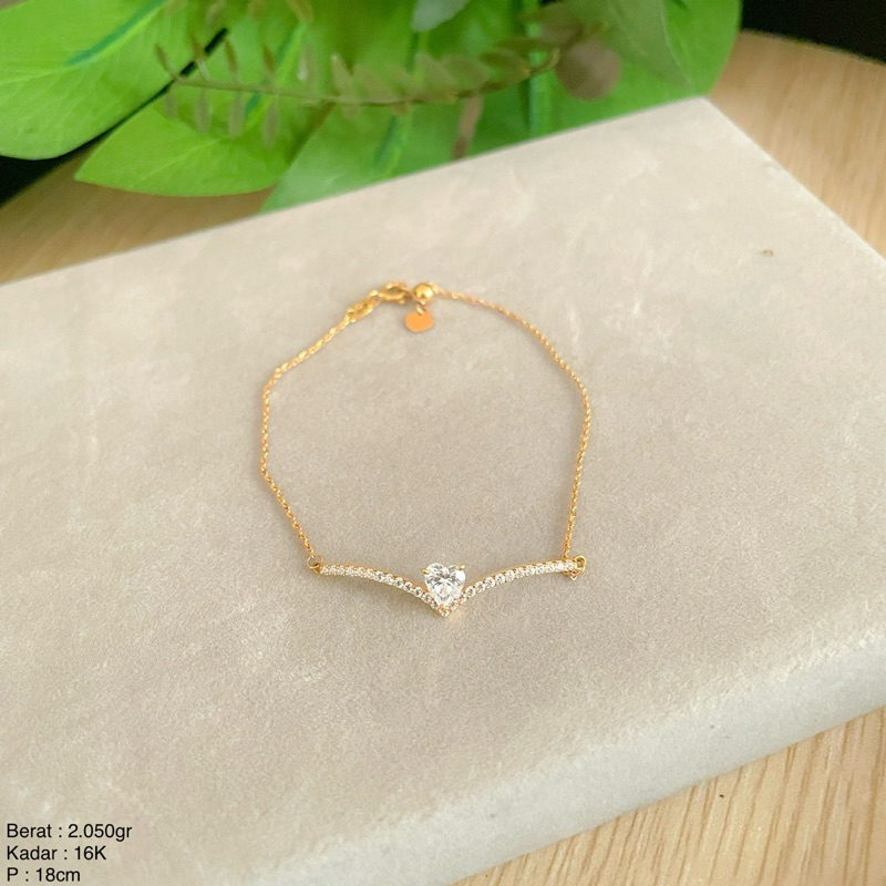 Perhiasan Gelang Emas Serut Aurel Heart Shaped 16k / 700 / Plat dan Solitaire Mata UBS 9k / 420