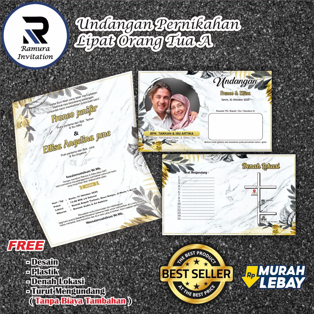 Undangan Pernikahan Lipat Orang Tua A ( Free Desain, Foto, Denah Lokasi, Turut Mengundang, Plastik )
