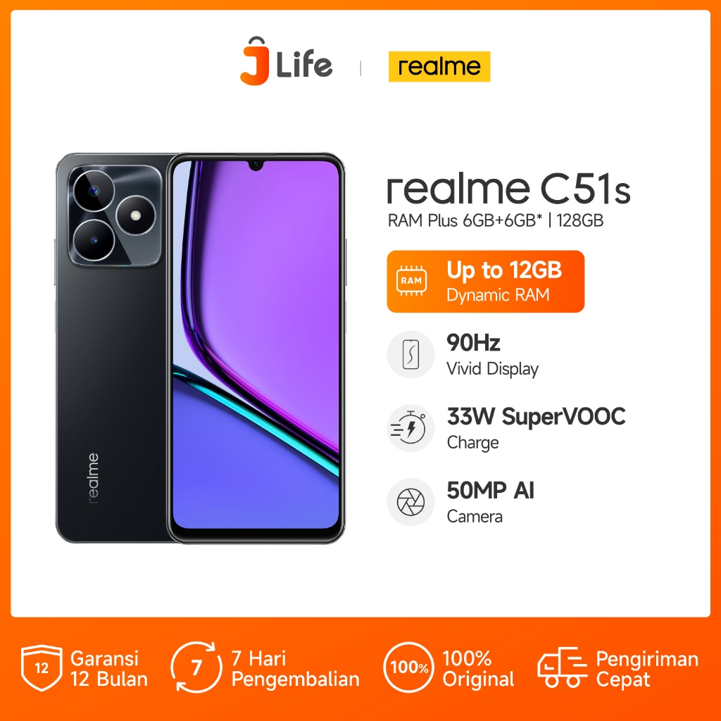 Jlife - realme C51s 6GB+6GB*|128GB (50MP AI Camera | 90Hz Vivid Display | 7.49mm Ultra Slim | Mini Capsule | 5000mAh Battery | 33W Supervooc)-Mighty Black