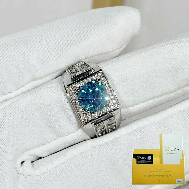 Cincin Moissanite Biru Pria Cincin Berlian Pria Silver Perak Mewah Sertifikat GRA