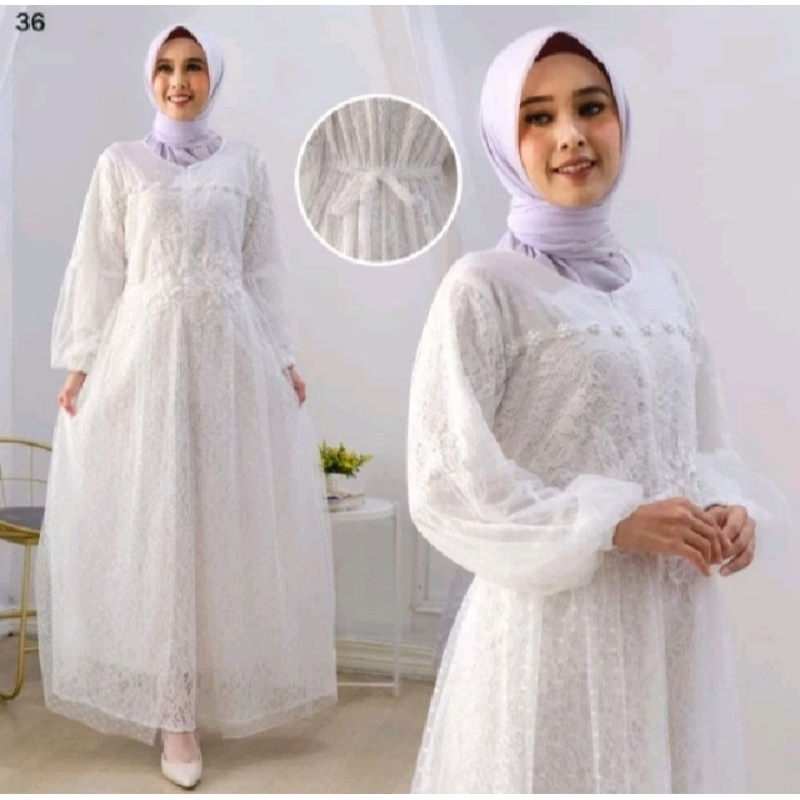 Gamis Pesta/ gamis mewah / brukat putih import glitter 36 PL