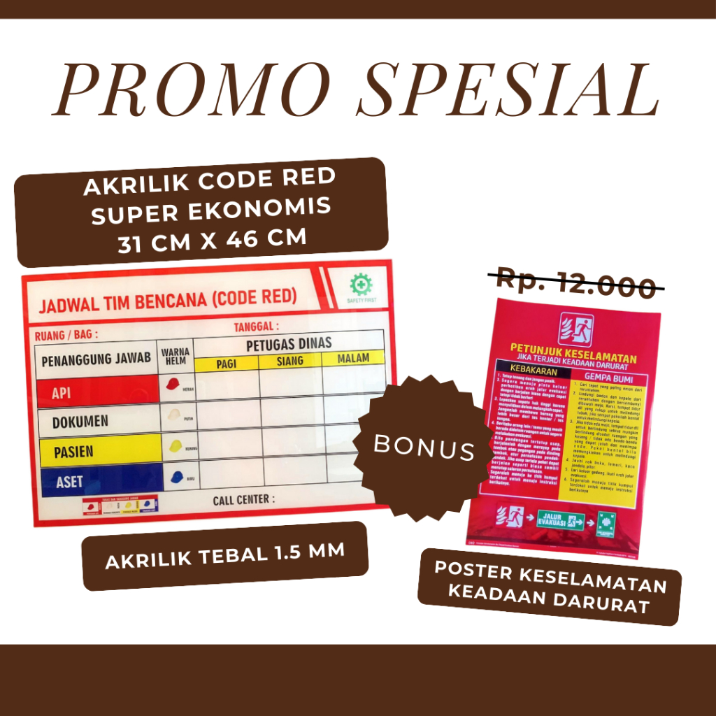 Papan Akrilik Code Red Ekonomis 31,5 cm x  46.5 cm Bonus Poster Keselamatan | Acrylic Code Red ver 2