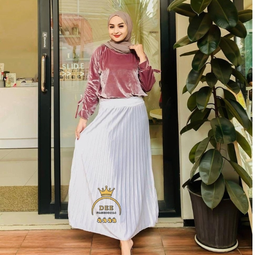 Rok Plisket Bludru Velvet Import! Rok Lipat Dewasa PUTIH BW Ukuran Standar & Jumbo!