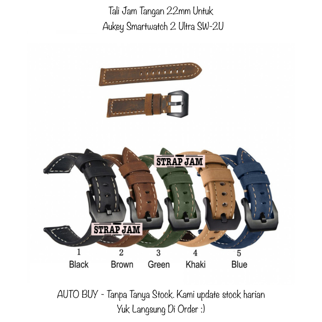 Crazy Horse 22mm Strap Aukey Smartwatch 2 Ultra SW-2U - Tali Jam Tangan Kulit Leather Tebal