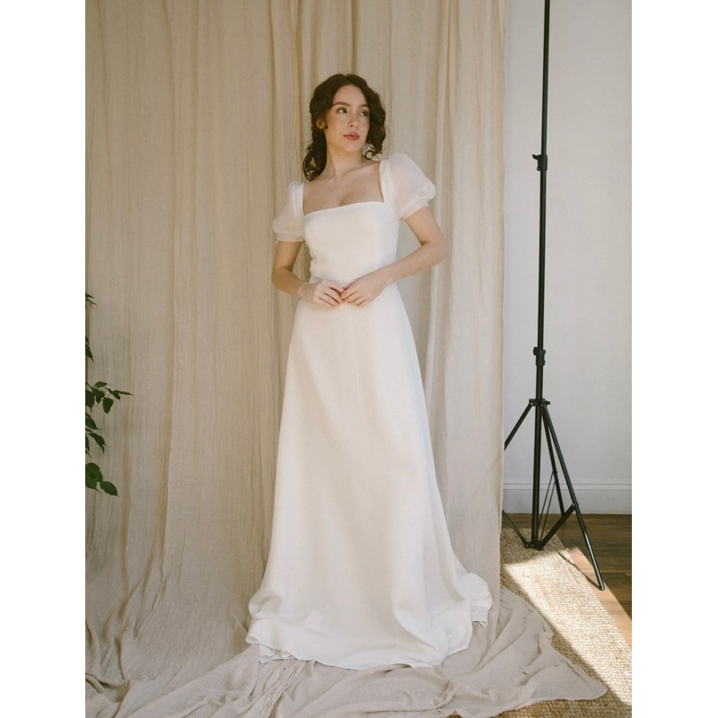 LIZY GOWN - Gaun pesta wanita putih white dress longdress maxi A line square neck puff sleeves dress