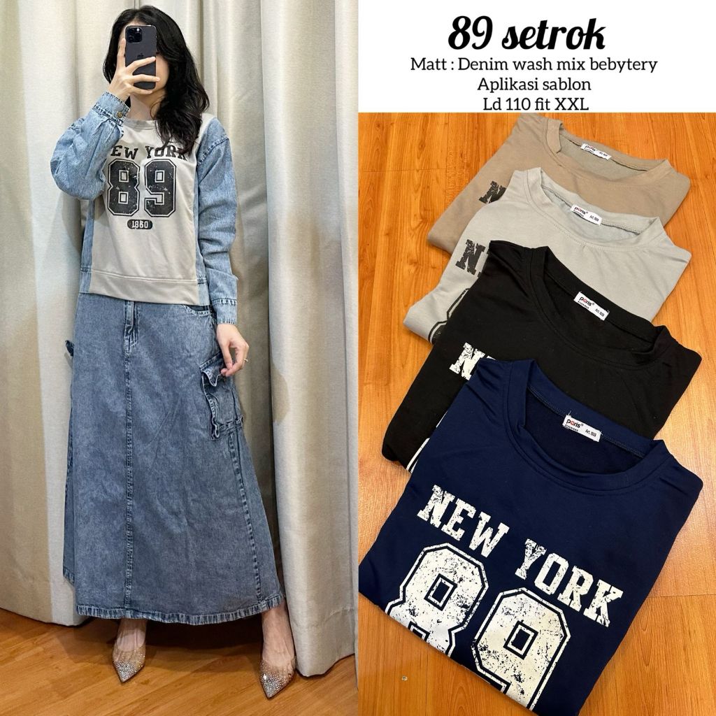 89 SET ROK SET BAHAN JEANS PREMIUM KOMBINASI KAOS / ATASAN&ROK ARUMI SET ROK