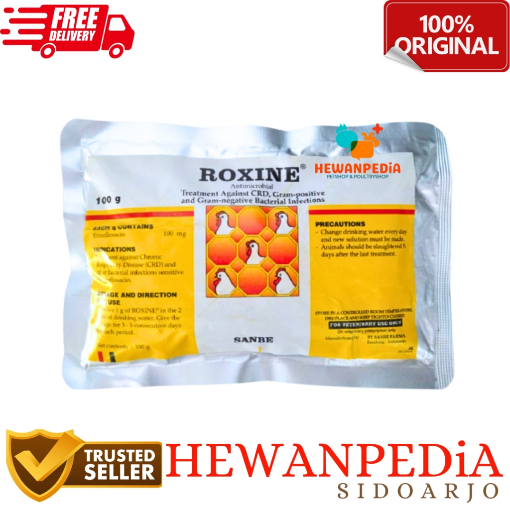 ROXINE 100 gr Hewanpedia - Obat Sakit Pernafasan Persendian Pencernaan Hewan Enrofloxacin Ngorok Cek