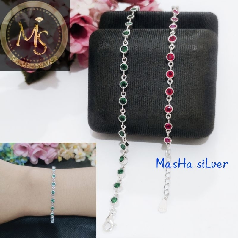 GELANG PERAK ASLI SILVER 925 LAPIS MAS PUTIH_GELANG TANGAN PERMATA WARNA MODEL BULAT