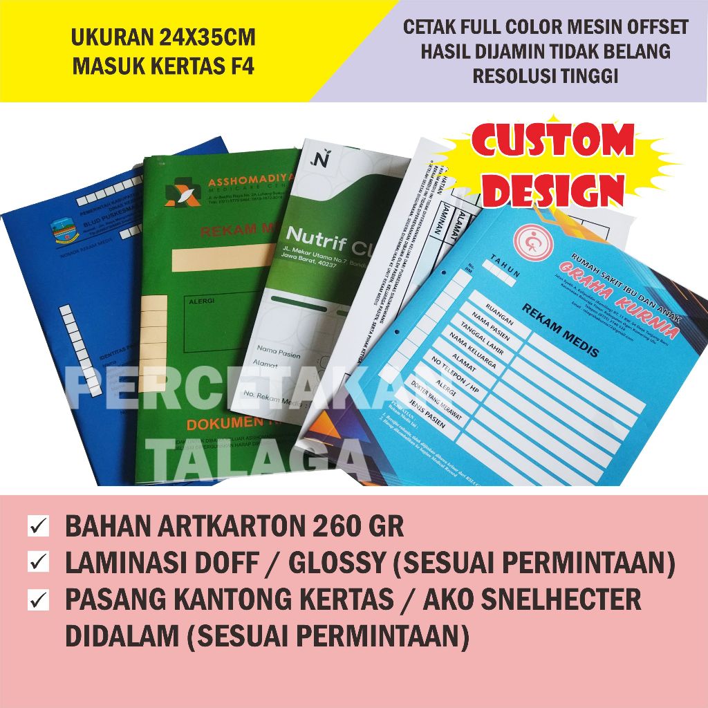 

Cetak map rekam medis dengan penyekat 3 ako fastener dan 1 kantong didalam