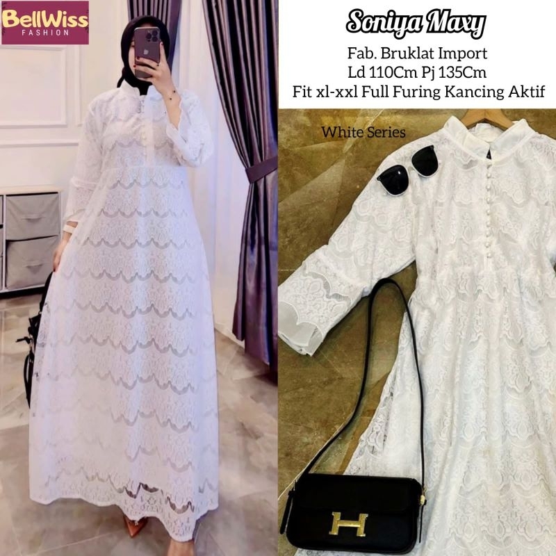 {Realpict} Sonia maxy dress brukat full furing dress lebaran putih gamis lebaran wanita model terbar