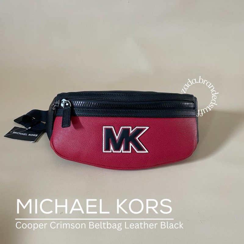 TAS PINGGANG PRIA BRANDED MICHAEL KORS COOPER CRIMSON  BELTBAG LEATHER BLACK ORIGINAL - ZADABRANDEDS