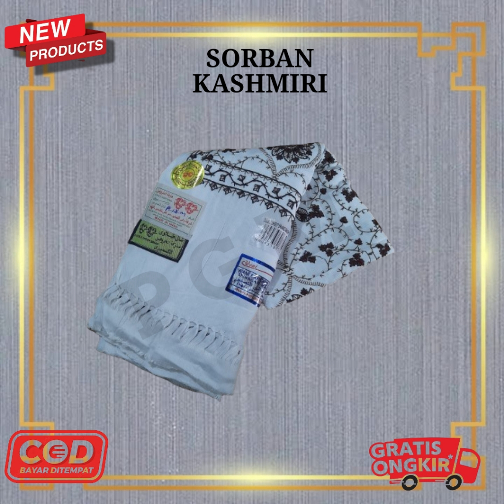 Sorban Kashmiri Sulam Double Sheep Putih Hitam Full Motif
