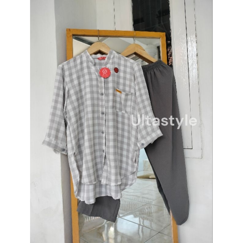 ONE SET WANITA BAHAN CRINKLE KOMBINASI MOTIF KOTAK KOTAK / SETELAN WANITA KEKINIAN VIRAL