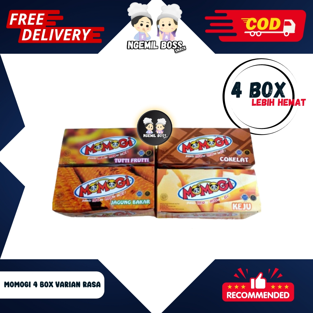 

4 BOX LEBIH HEMAT, Momogi Snack 4 Varian Rasa 1 Box 20 pcs Netto 5gr
