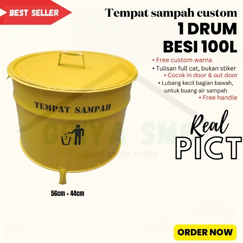 Tempat Sampah Drum Besi Besar Tong Sampah Bakar Besar 100L FREE Custom Warna