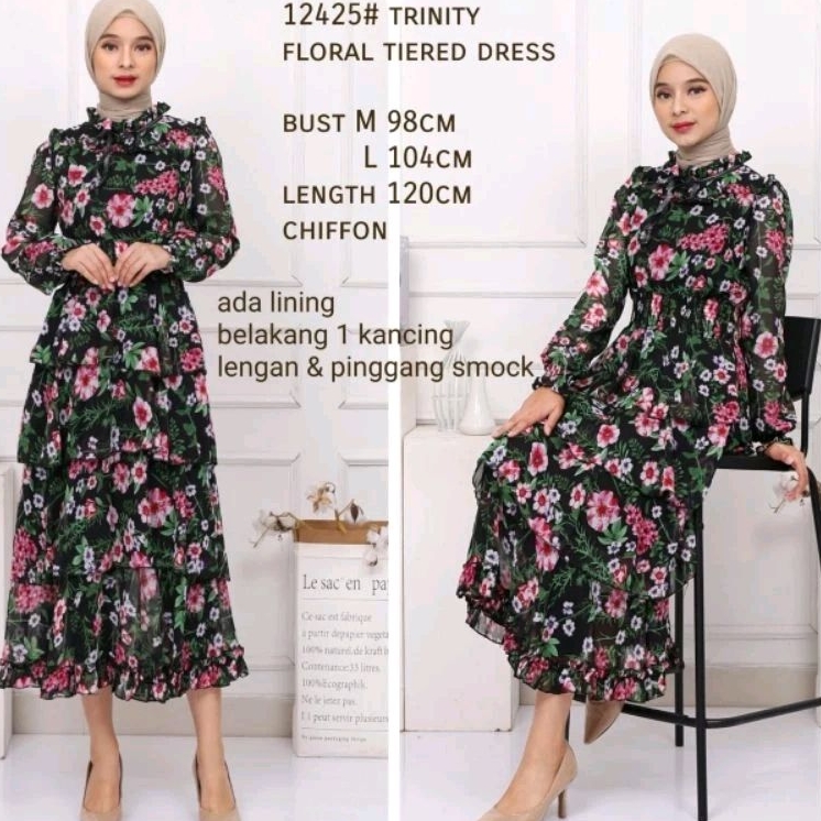 12425 Baju Mididress FLORAL TIERED MIDI DRESS lengan panjang pinggang karet dres tingkat susun rempe