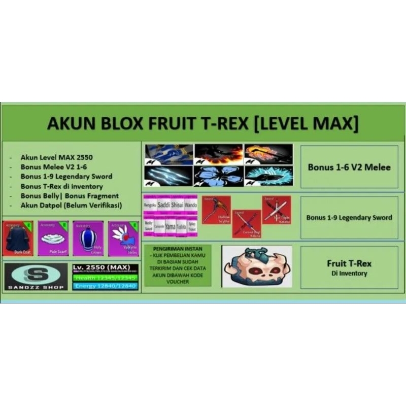 Akun Blox Fruit T-REX [Level MAX] [Datpol] [Belum Verifikasi]