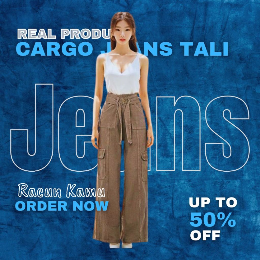 Celana Jeans Cargo HW Wanita Super Premium J41-Variasi Pinggang Ikat Tali Depan Jeans Cargo Korean