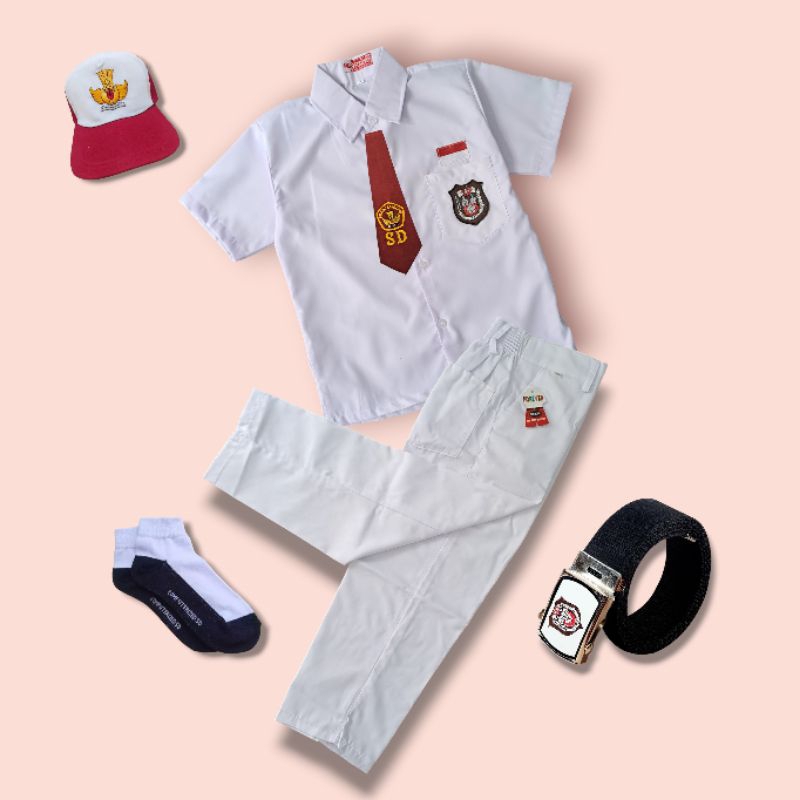 Setelan Seragam Sekolah SD Putih Putih Baju Putih Lengan Pendek Celana Putih Panjang Kelas 1-6
