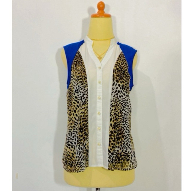 Blus Blouse Atasan model kutung motif animal fullprint leopard loreng macan warna hitam biru putih b