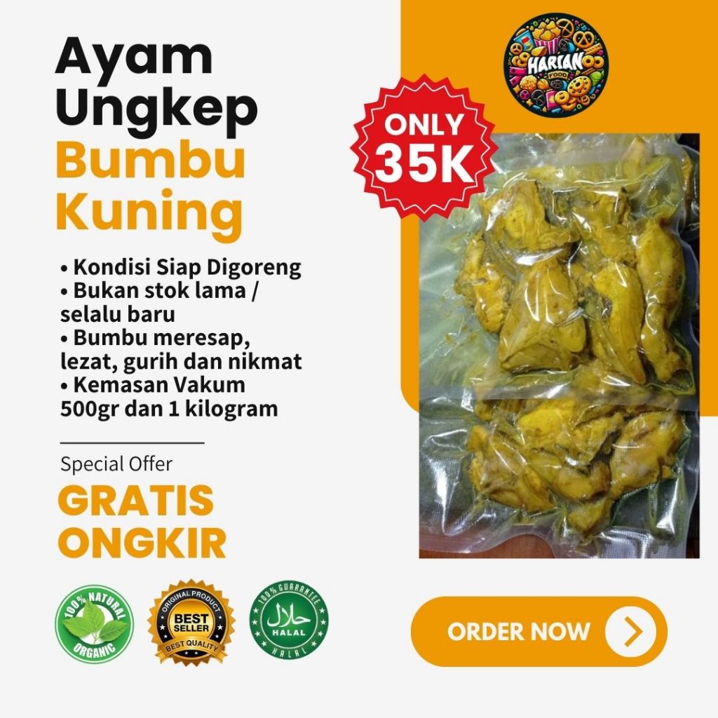 

Harian Food - Ayam Ungkep Bumbu Kuning 500 gram 1kilogram. Khusus Yogyakarta