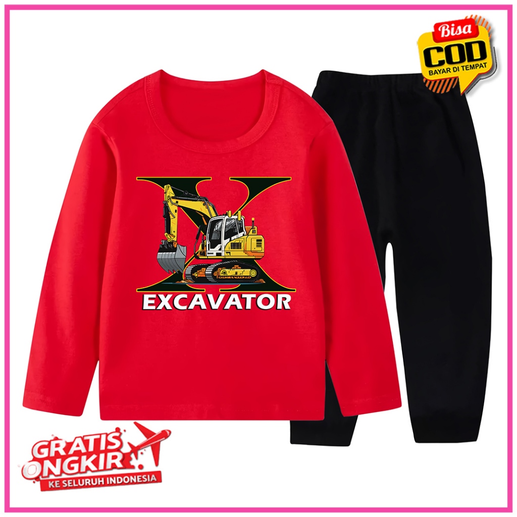 BAJU PIYAMA SETELAN ANAK LAKI LAKI LENGAN PANJANG CELANA PANJANG MOTIF EXCAVATOR