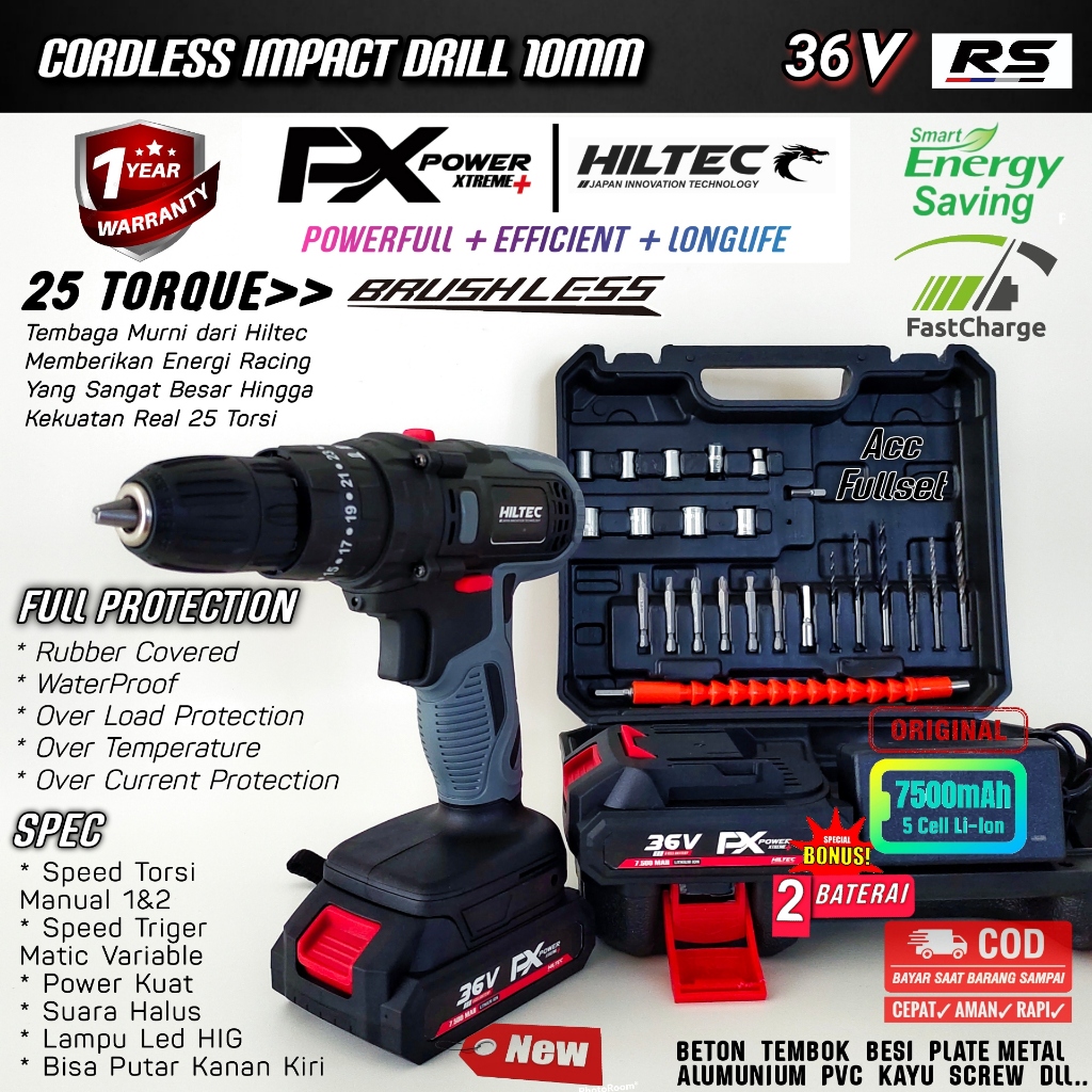 Cordless Drill Impact Screw Mesin Bor Battrey Baterai HILTEC 36V RS Grey 10mm 7500MAH 25 Torque Tors