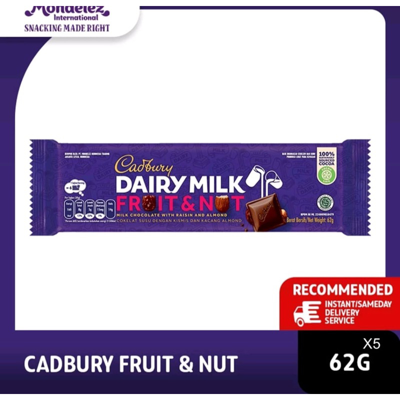 

Cadbury Dairy Milk Fruit and Nut 62gr kondisi sedikit gepeng/patah (10 pcs)