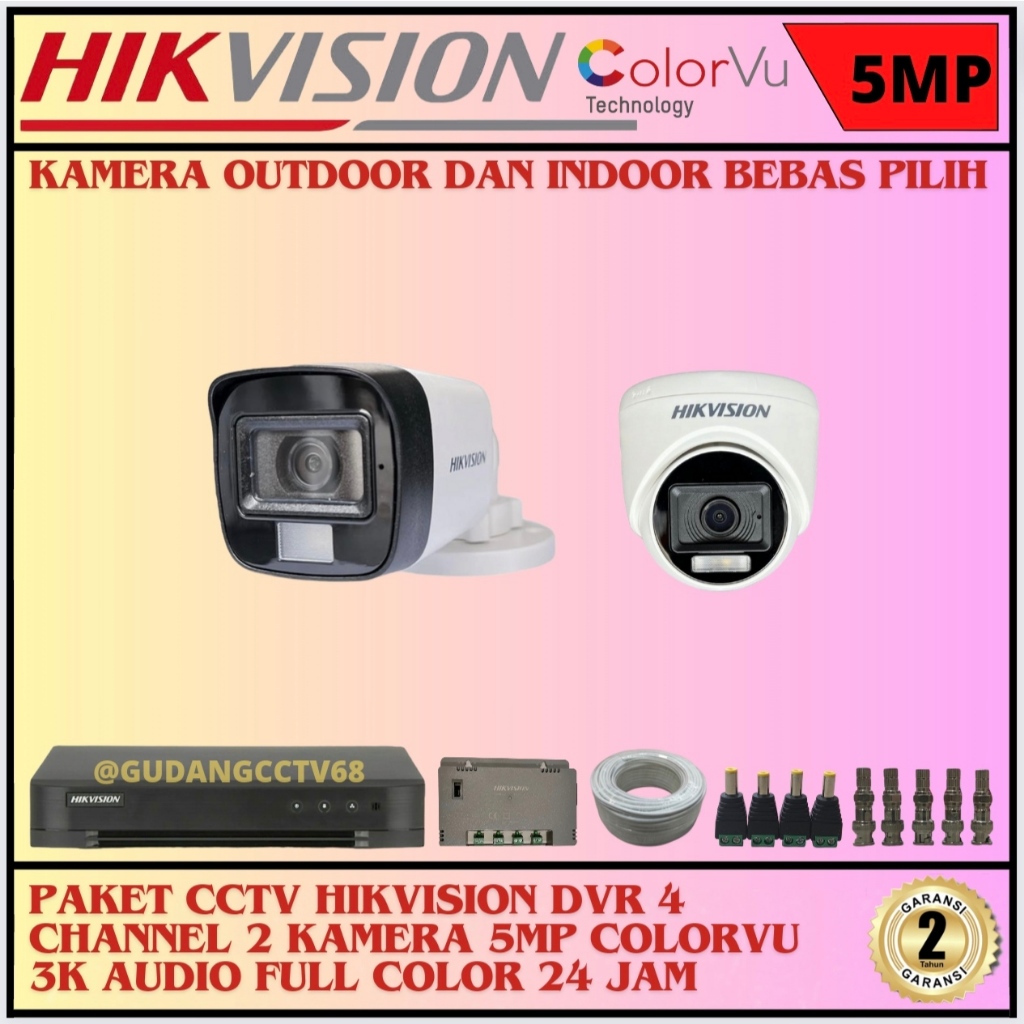 Paket CCTV HIKVISION 4 Channel 2 Camera HIKVISION 5MP Colorvu 3K Full Colour AUDIO SERIES Komplit